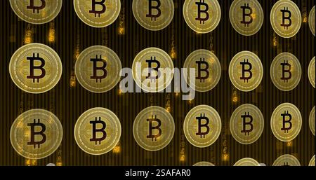 Image of floating bitcoins over binary coding Stock Photo