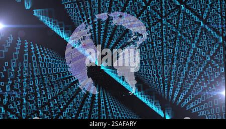 Image of spinning globe and travel icons over binary coding Stock Photo