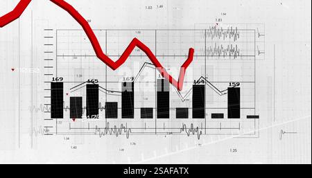 Image of red line and financial data processing over statistics Stock Photo