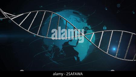 Image of dna strand over globeand data processing Stock Photo