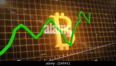Image of green line and financial data processing over bitcoin sign Stock Photo