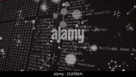 Image of molecules over data processing on black background Stock Photo