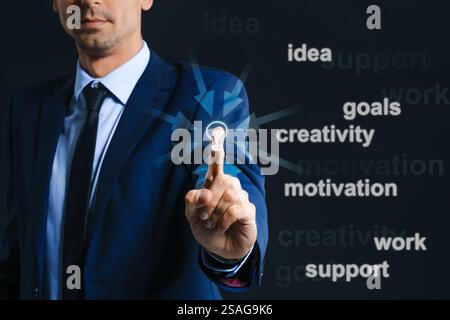 Young businessman using virtual screen with different words on dark background. Concept of goals Stock Photo