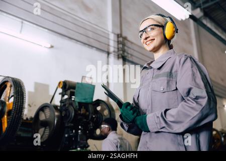 portrait professional worker working in heavy metal industry factory happy smiling enjoy working Stock Photo