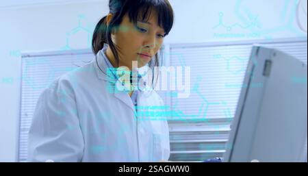 Image of data processing and chemical formula over caucasian female scientist using tablet Stock Photo