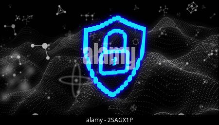 Image of padlock icon and molecules over waves on black background Stock Photo