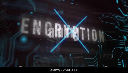 Image of encryption text and digital data processing over black background Stock Photo