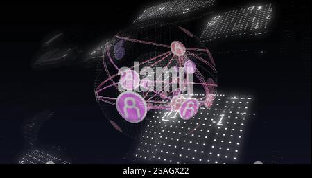 Image of network of connections with icons over binary coding Stock Photo