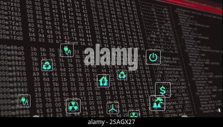 Image of ecology icons over binary coding Stock Photo