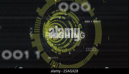 Image of phishing text and digital data processing over black background Stock Photo
