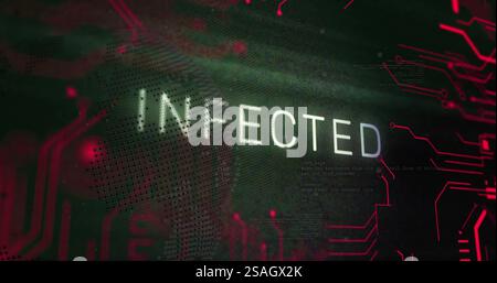 Image of infected text and digital data processing over black background Stock Photo