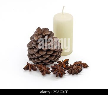 Natural brown pine cone, fragrant badian (star anise) and light candle on a clean white background. Minimalistic still life. For holiday cards. Stock Photo