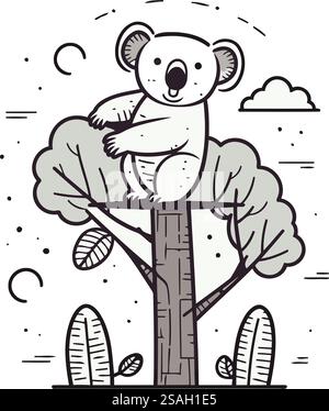 Cute koala on a tree. Vector illustration in line art style. Stock Vector