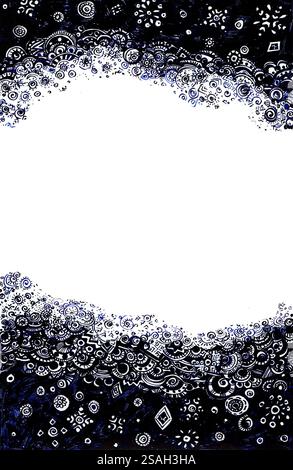 Frame from different abstract patterns. Doodle. Dark blue color. Almost black. White copy space. Geometric ornament, snowflakes, rhombuses, circles, d Stock Photo