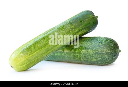 Side view of two long green cucumbers in stack and cross shape in horizon is isolated on white background with clipping path. Stock Photo