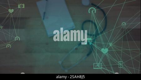 Image of network of connections with icons over stethoscope Stock Photo