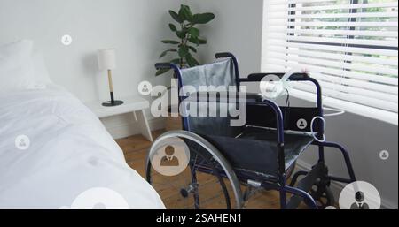 Image of user icons over hospital bed with wheelchair Stock Photo