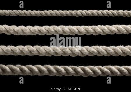 collection of various ropes string on black background. each one is shot separately. Stock Photo