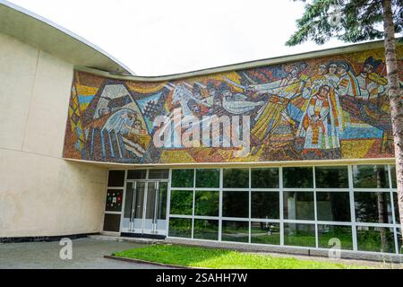 Mosaic on the wall of the building. Multicolored tiles. Ukrainian house. Ukraine, Truskavets - August 10, 2024 Stock Photo