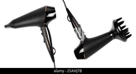 Black Hair Dryer Isolated on White Background. Hair Care Tool. Metallic Rosy Ionic Hairdryer. Domestic Small Appliances. Household Equipment. Electric Stock Photo