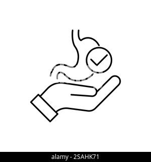 Hand holding healthy stomach vector line icon. Gastroenterology healthcare symptom examination treatment concept. Stock Vector