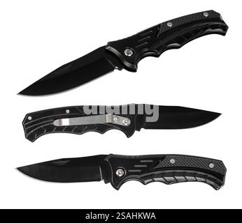 Black tactical knife on white background, isolate. Stock Photo