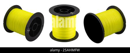 Fishing braided line in roll isolated on white background. Spool of green cord isolated. Spool of braided fishing line. Stock Photo