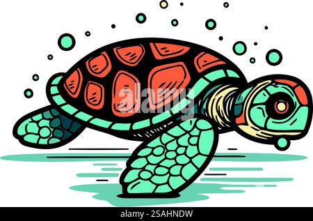 Sea Turtle. Hand drawn vector illustration of undersea Tortoise on ...