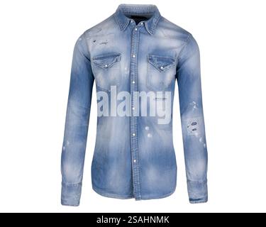 Full Front View of Distressed Denim Shirt Stock Photo
