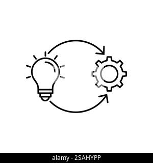 Implementation Vector Line Icon, solution execute develop, configuration cogwheel with light bulb, innovation analysis process, success industry prefe Stock Vector