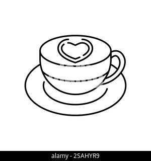 Cappuccino linear icon. Coffee with heart on foam. Hot drink in mug. Beverage in cup. Thin line customizable illustration. Contour symbol. Vector isol Stock Vector
