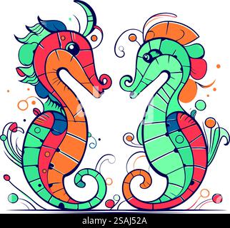 Two seahorses in doodle style. Vector illustration Stock Vector Image ...