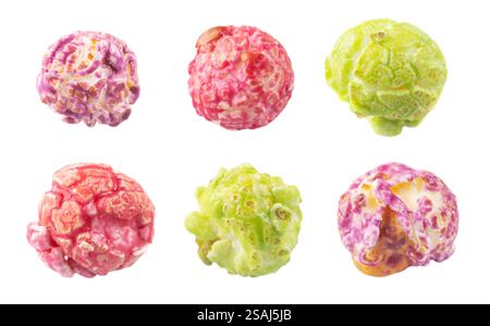 Colored fruity popcorn isolated on white background. Stock Photo
