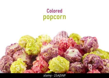 Colorful popcorn on white background close up. Stock Photo