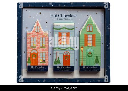 Hot Chocolate Collection isolated on white background - hot chocolate drink mixes with mini mallows, sprinkles and cookies Stock Photo