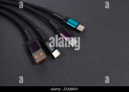 Various USB charger cable connectors on dark background. Stock Photo