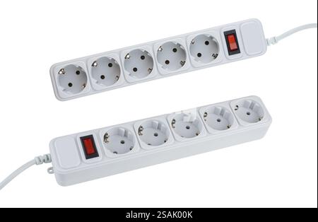 White electrical surge protector with five sockets. Stock Photo
