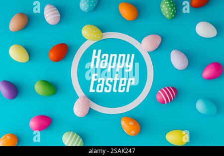 Colorful pattern made of various colored Easter eggs on light blue background with Happy Easter text. Minimal concept. Creative festive holiday idea. Stock Photo