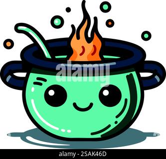 Cute cartoon kawaii pot with fire. Vector illustration Stock Vector ...