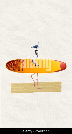 Man in business shirt and tie with paddleboard and flamingo legs instead of human legs walking on sandy beach. Abstract art collage Stock Photo