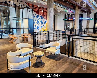 Modern Industrial Office with Creative Touch Eye-Level View Stock Photo