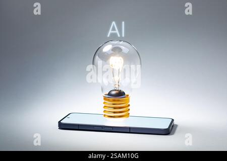 A smartphone serves as a base for a light bulb, symbolizing AI support. The bright bulb and AI in light convey the connection between technology and problem-solving. Stock Photo