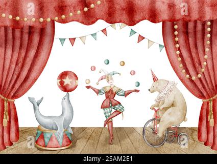 Watercolor illustration of Circus Seal balancing a red ball. Art of ...