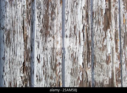 old weathered wooden fence background wihte peeling white color Stock Photo