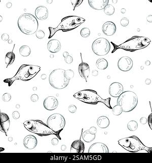 Cute fish with float and bubbles in marine theme. Graphic illustration line art in black and white monochrome, hand drawn with ink. Seamless simple Stock Vector