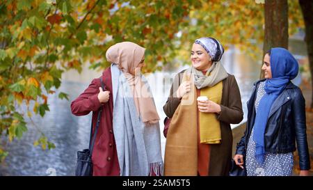 Group Of Young British Muslim Female Friends Walking By Lake In Autumn Park Stock Photo