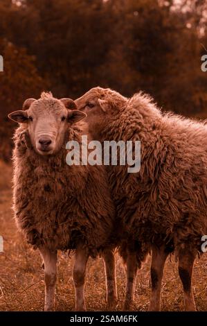 Close-up of a sheep and a ram standing together in natural light. Stock Photo