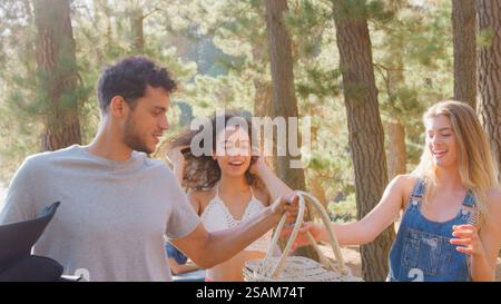 Group Of Young Friends On Summer Vacation Enjoying Picnic In Forest Stock Photo