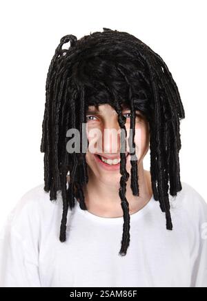 Young Man in the dreadlocks Wig Isolated on the White Background Stock Photo