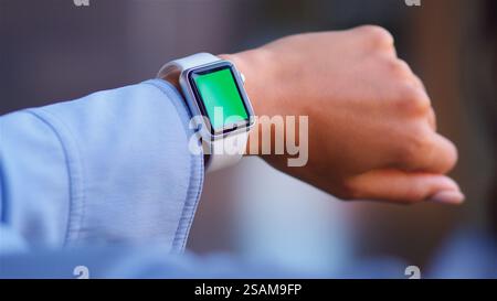 Over The Shoulder Close Up Shot Of Businesswoman Using Green Screen Smart Watch Stock Photo